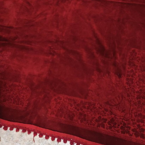 Velvet tablecloth used, burgundy with imperfections
