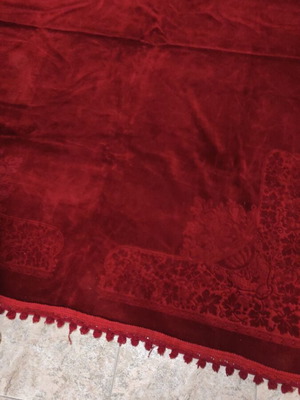 Velvet tablecloth used, burgundy with imperfections