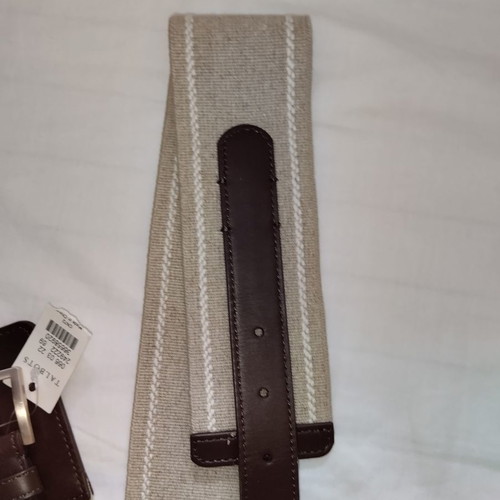 Real leather belt with linen fabric new, beige and brown