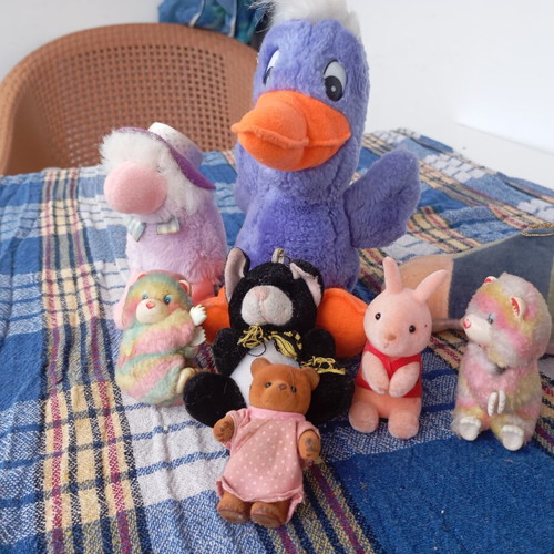 Set of eight retro plush toys, classic fuzzy figures from the 80s