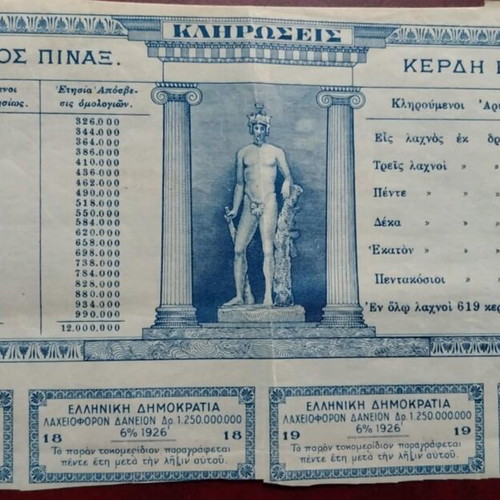 Bond Greece 1926 used, 100 Drachmas National Lottery Loan