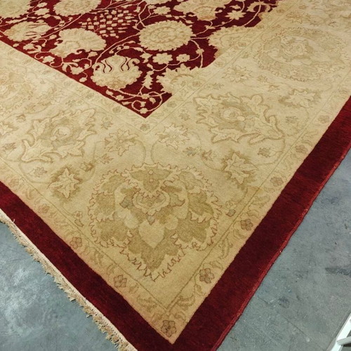 Persian Rug classic style with deep burgundy and beige floral motifs like new