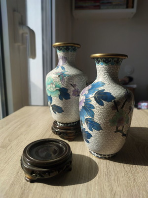 Vintage Cloisonné vases with wooden bases, used set of 2