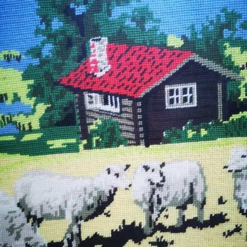 Vintage handmade tapestry used, framed, 64x50 cm