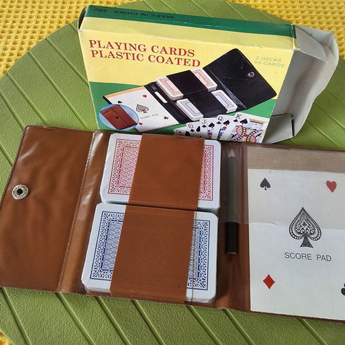 Vintage Card Caddy Set with 2 Plastic Coated Playing Cards Decks, New