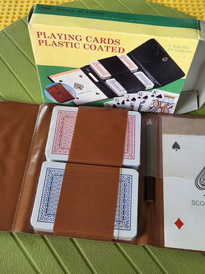 Vintage Card Caddy Set with 2 Plastic Coated Playing Cards Decks, New