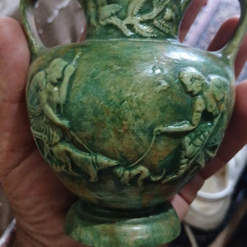 Ceramic amphora with green patina, handmade, used