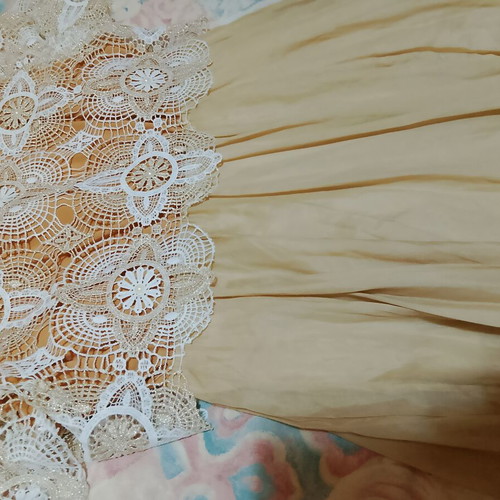 Mitropoulos dress like new, beige with crochet lace and pearls