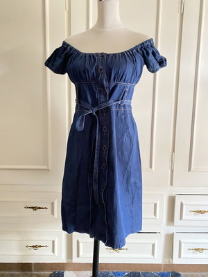 Denim midi dress off-the-shoulder with belt, new, size M/L