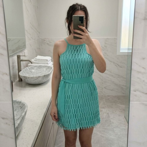 Scandalo mint mesh cut out dress with belt, pastel chic summer