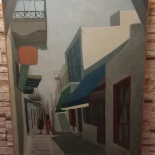 Painting of Greek island by Dora Tambaoglou, used, 1.85x0.95 m