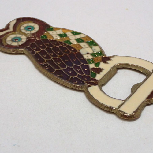 Vintage owl bottle opener made of enamel and brass like new