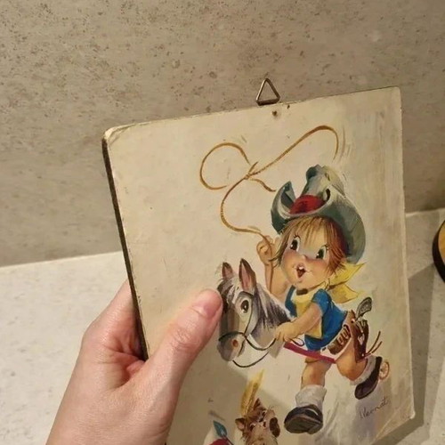 Vintage 1960s Children's Wall Plate with Cowboy Illustration Signed Vernet