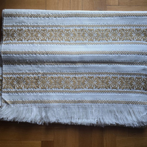 Vintage woven quilt used, shades of beige and gold
