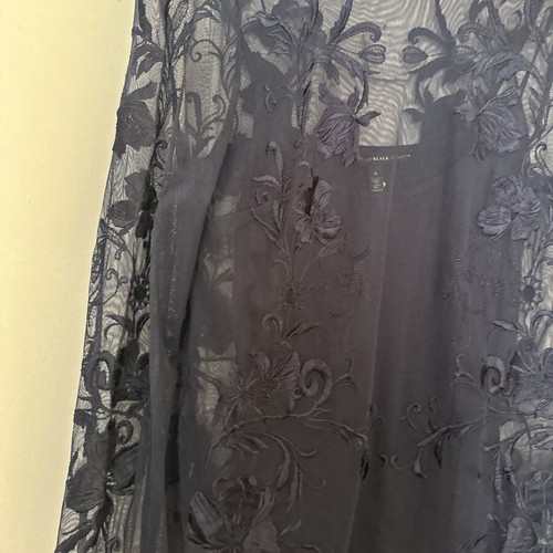 White House Black Market navy blue sheer mesh top with embroidered floral details size small new