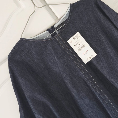 Zara Dark Blue Denim Mini Dress with Kimono Sleeves and Belt Size M New