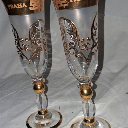 Vintage Bohemia Crystal Champagne Glasses Praha pair, like new