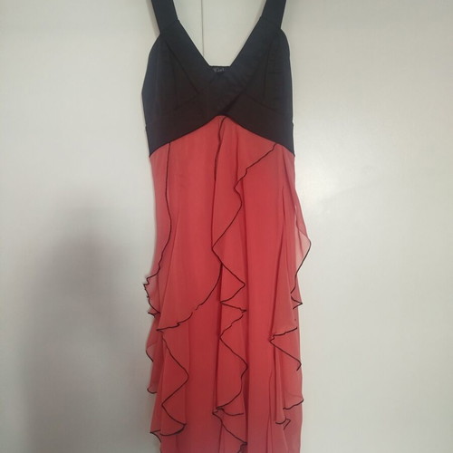 Bill Cost evening dress large, like new, black bust and coral ruffles