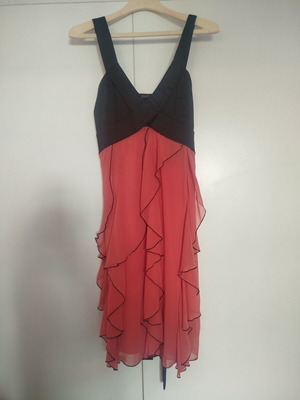 Bill Cost evening dress large, like new, black bust and coral ruffles