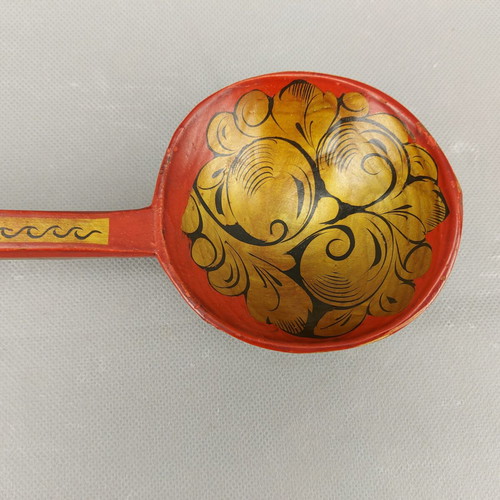 Old Hand-Painted Russian Wooden Serving Spoon Used with Khokhloma