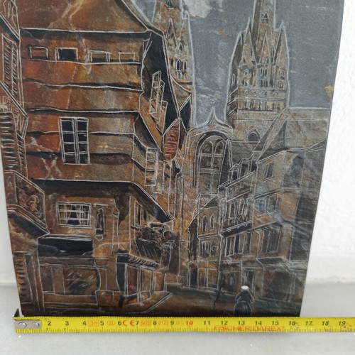 Decorative slate plaque with handmade engraving, French urban scene, like new
