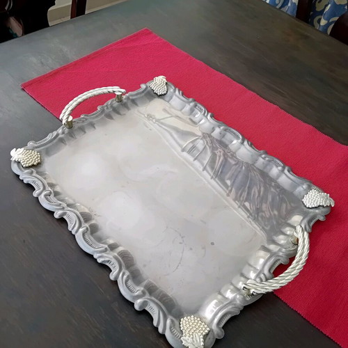 Set of three used serving trays, stainless steel inox 18/10 with gold details