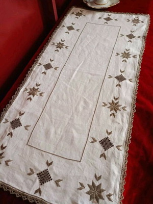 Runner handmade Lefkaritiko embroidery on beige linen fabric 95x45