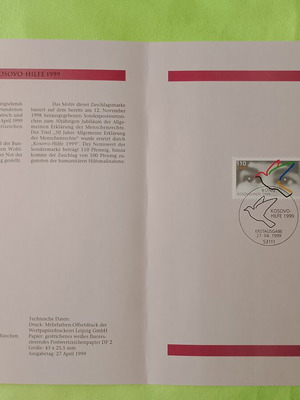 Germany 1999 Kosovo-Hilfe First Day Cover Stamp