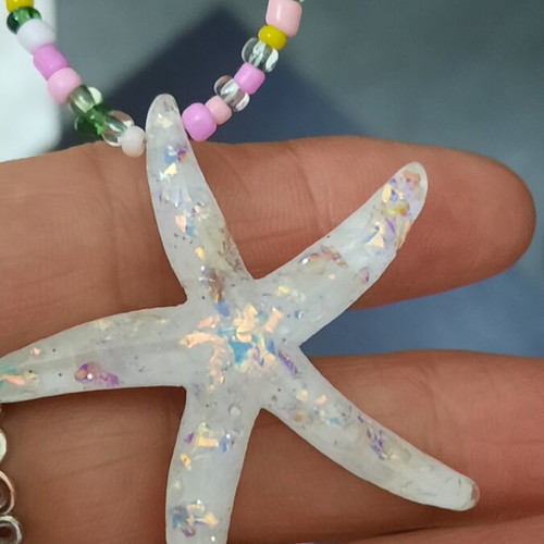 Starfish necklace with iridescent pendant and colorful beads, 40-45 cm