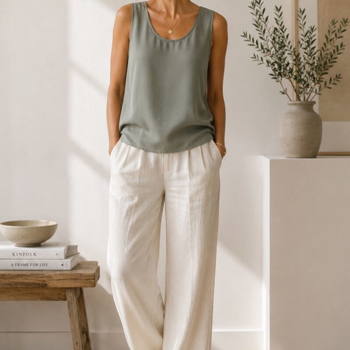 FURYO Pure Silk Top Size M like new, sage grey khaki