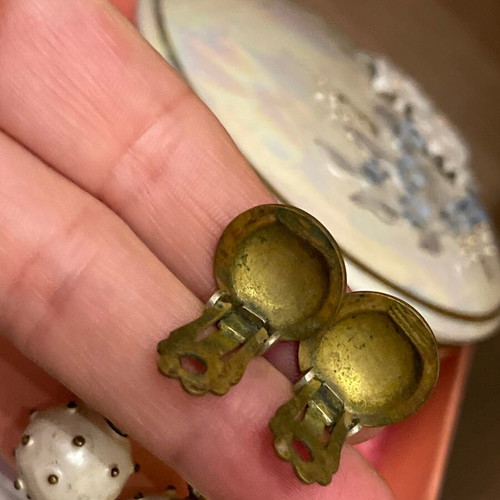 Antique French jewelry set used, clip earrings and enamel bracelet
