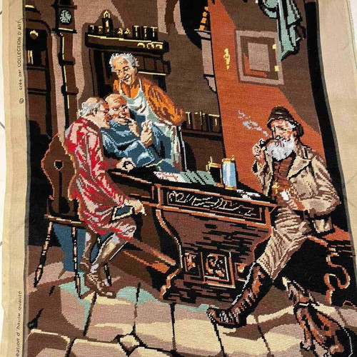 Handmade embroidery scene in tavern with card players like new
