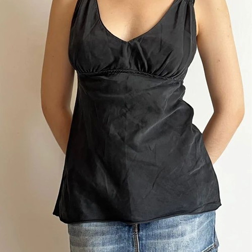 Y2K sleeveless top used, grey-black, v neck, open back, XS-S