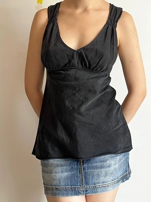 Y2K sleeveless top used, grey-black, v neck, open back, XS-S