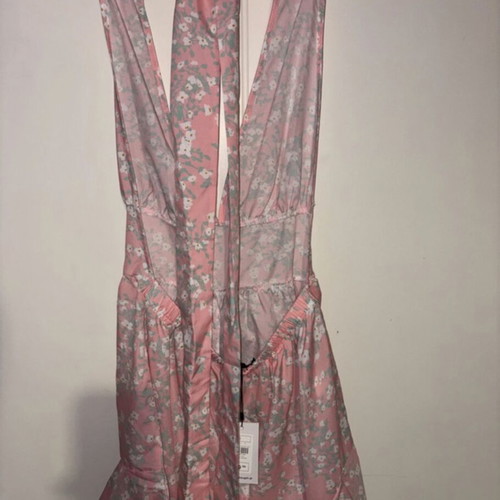 Fullah Sugah summer jumpsuit with open back, pink and white