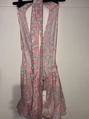 Fullah Sugah summer jumpsuit with open back, pink and white