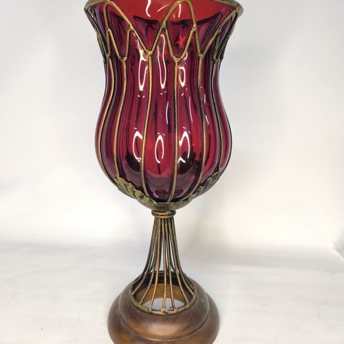 Handmade red glass vase candleholder with metal base and cage new