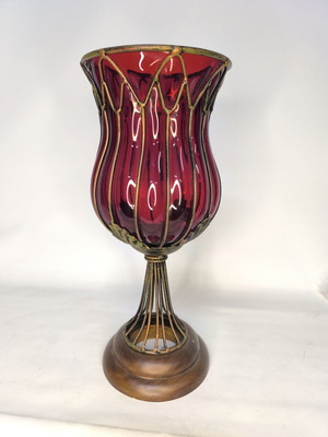 Handmade red glass vase candleholder with metal base and cage new