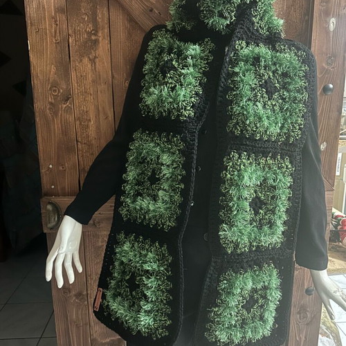 Handmade knitted scarf new with granny squares in black and green