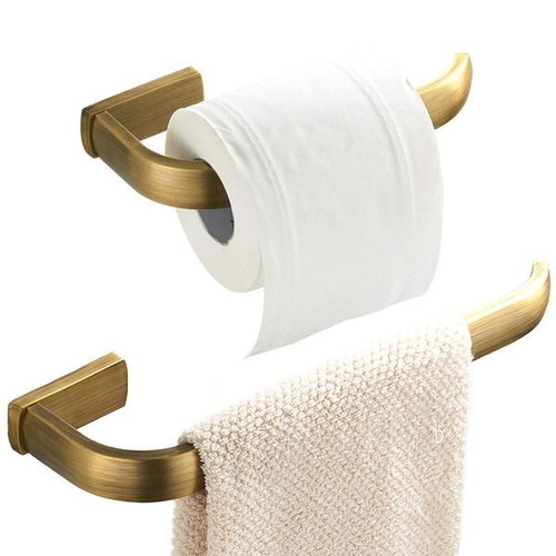 Flybath bathroom set with towel and toilet paper holders, antique brass