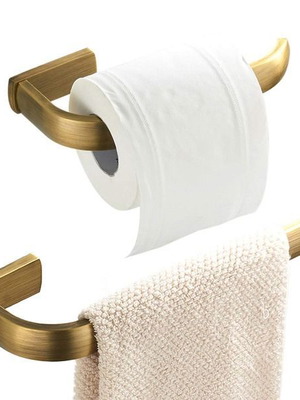 Flybath bathroom set with towel and toilet paper holders, antique brass