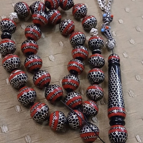 Worry beads black coral and silver with red coral, like new