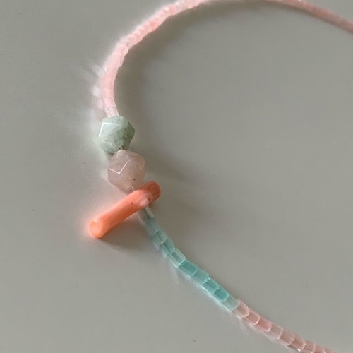 Handmade necklace with amazonite, coral, glass beads and stainless steel closure new, pink and turquoise