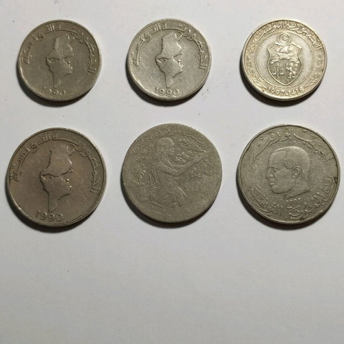 Lot of 6 used Tunisia coins 3x 1/2 Dinar & 3x 1 Dinar