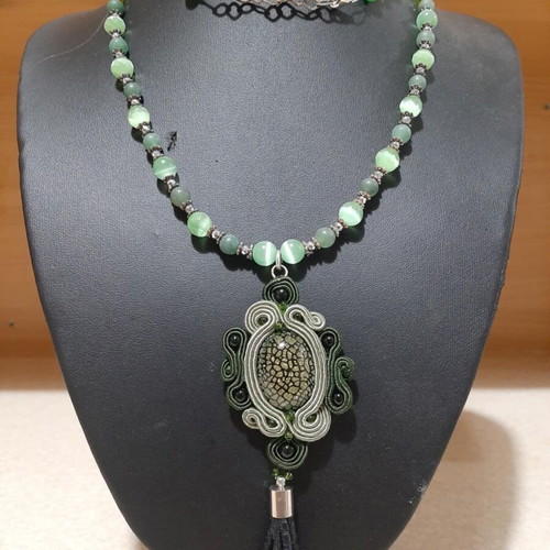 Necklace with cat's eye and aventurine in 925 silver, very long, new