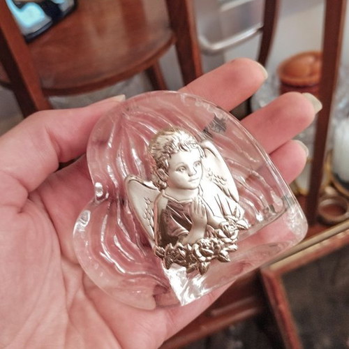 Crystal heart decoration with metal embossed praying angel like new