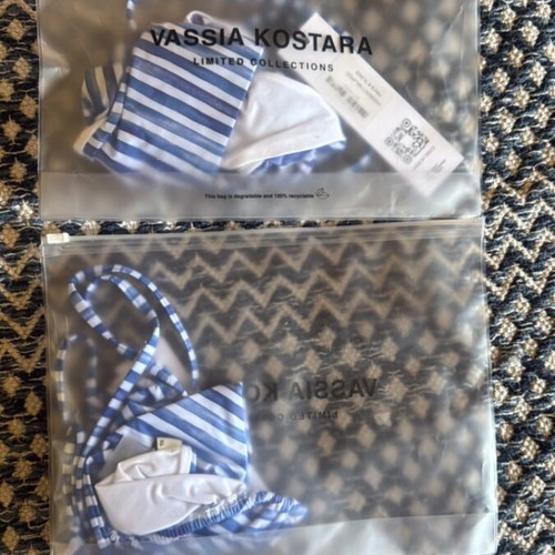 Vassia Kostara bikini new, large bottom XL top, white and blue