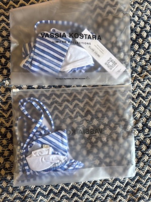 Vassia Kostara bikini new, large bottom XL top, white and blue