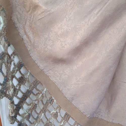 Cape with hood and handmade knitted trim like new, beige