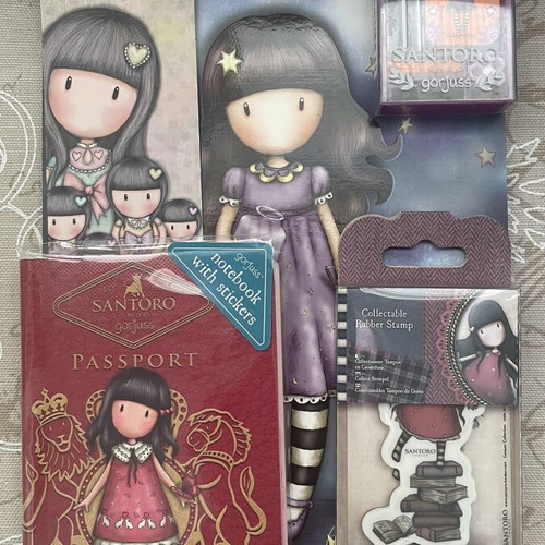 Santoro Gorjuss stationery set with notebook, stamp, erasers, bookmark
